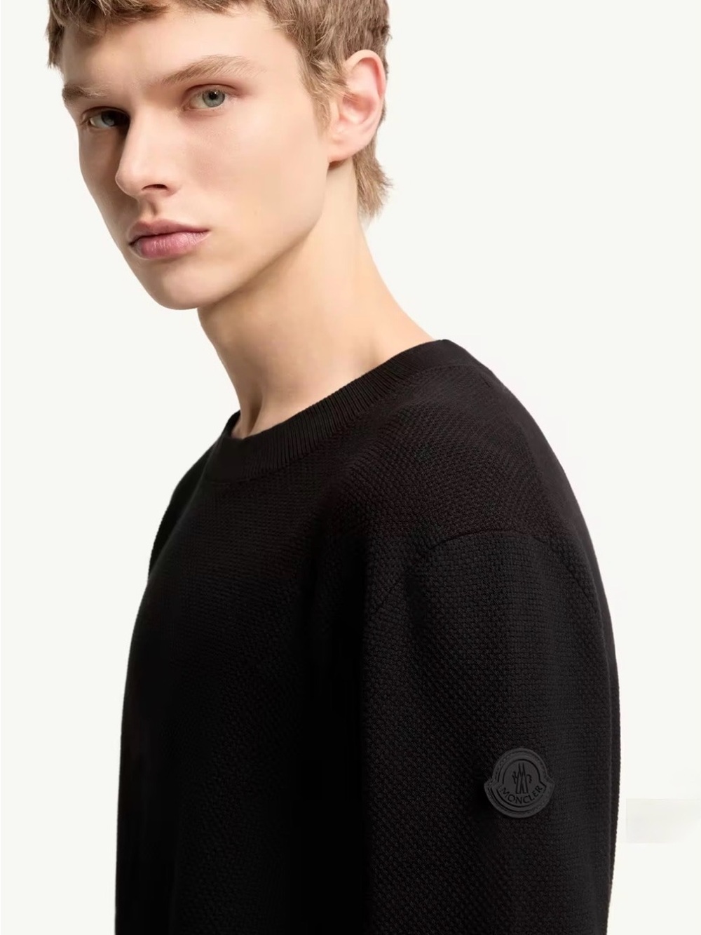 NWT Moncler Girocollo Tricot Logo Waffle Knit Crewneck Sweater Black Men’s L